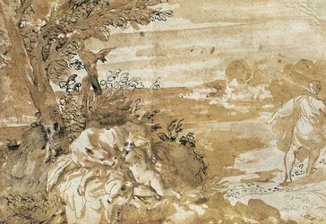 Landschap met wolvin die Romulus en Remus zoogt